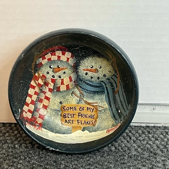 Snowman Wooden Teakwood Bowl Handpainted - Picture 6 of 6